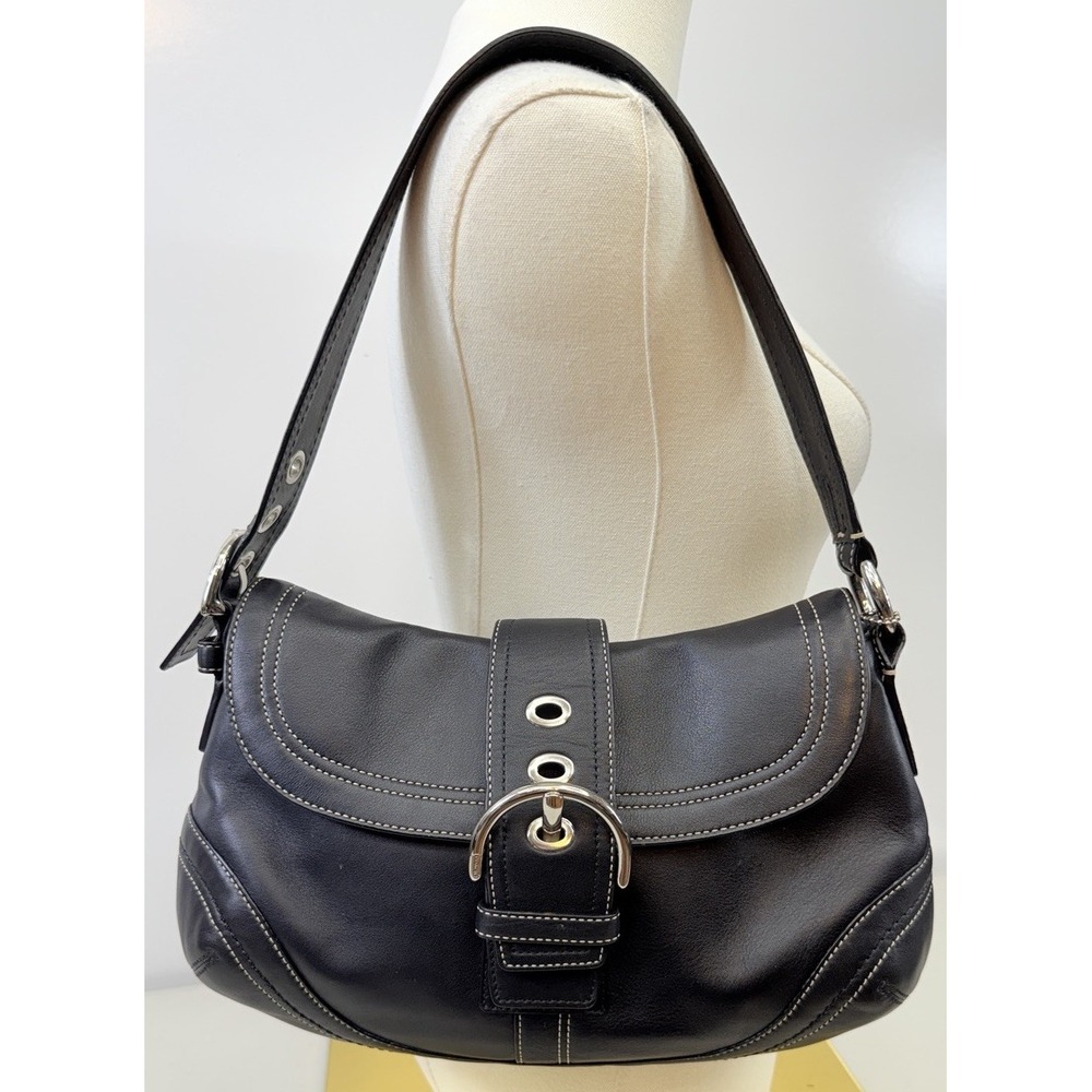 Coach Soho Black Leather Flap Handbag F10910 Silver Buckle Shoulder Bag READ
